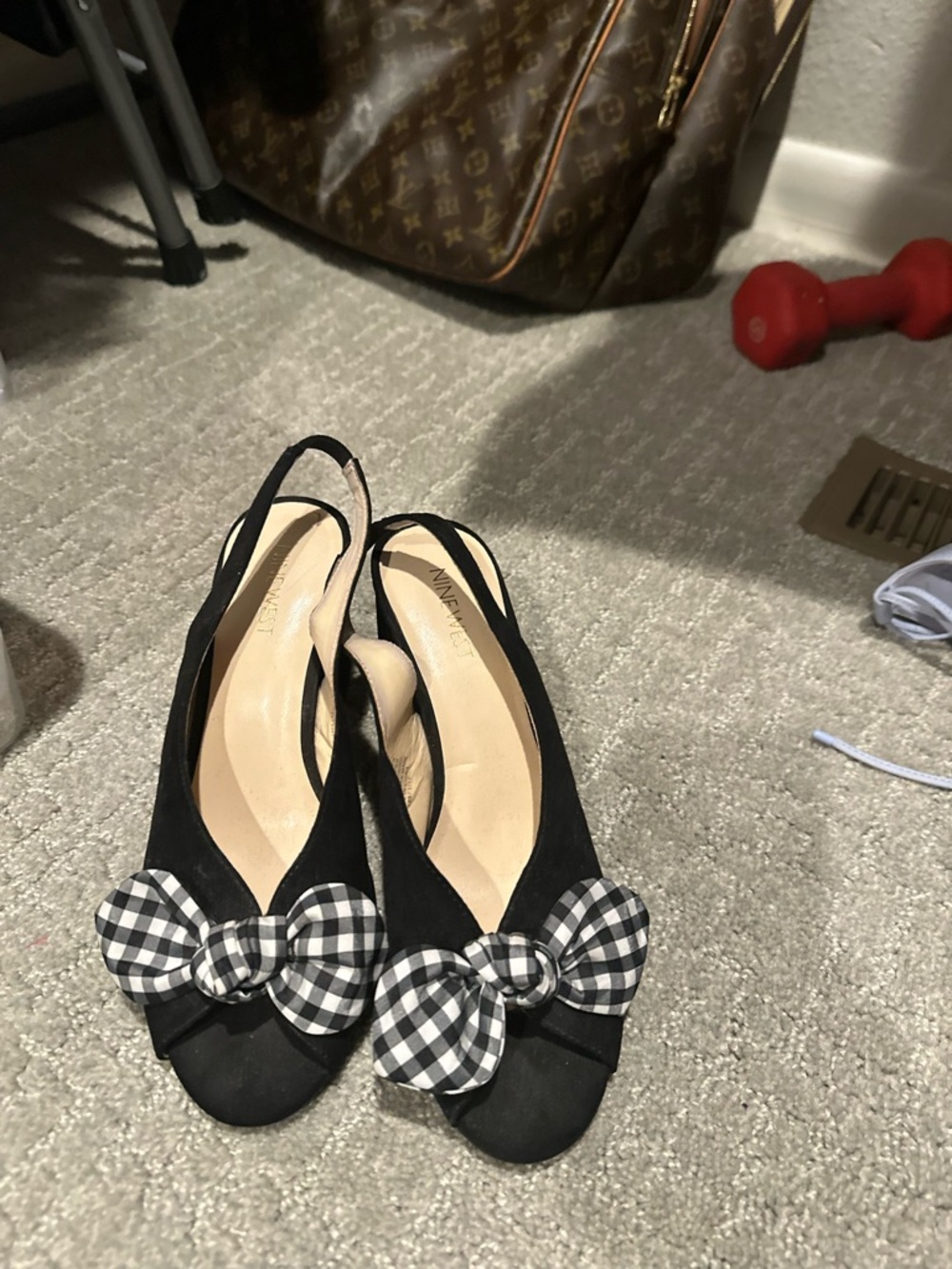 Nine West Black Slingback Flats with Gingham Bow Accent